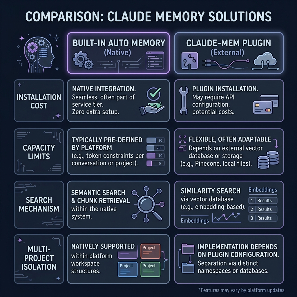 内置 Auto Memory vs claude-mem 插件横向对比表