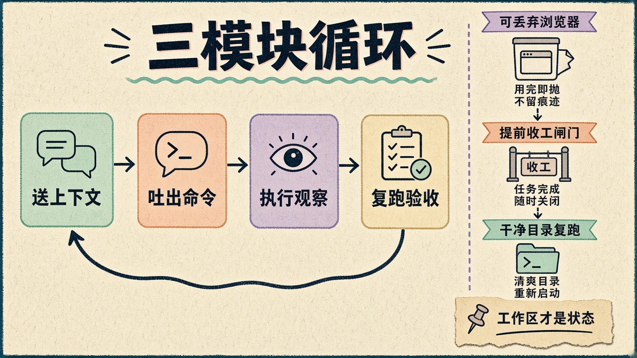 三模块循环:终端写脚本、浏览器可丢弃
