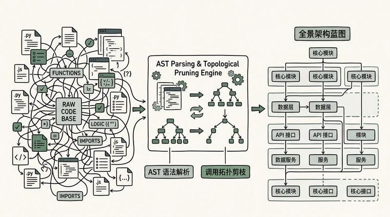 面对十万行混乱代码库：AST 拓扑剪枝如何帮 AI 画出高精度架构全景图？