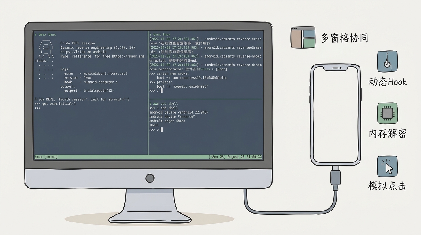 tmux 多窗格协同进行 Frida Hook 与 ADB 交互
