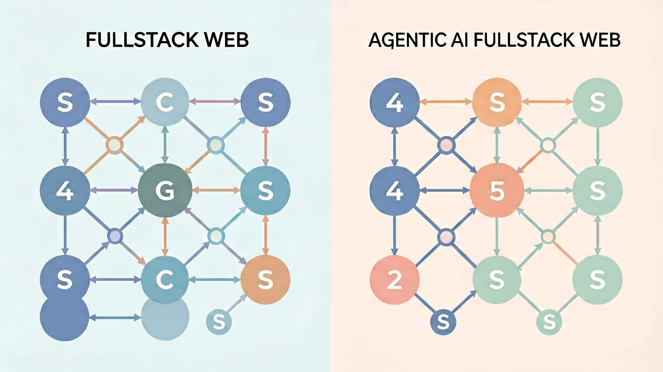 传统 Web 全栈与 Agentic 全栈开发范式对比图