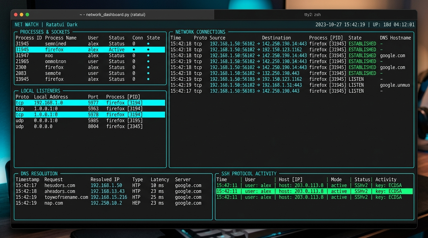 RustNet 终端 TUI 可视化面板与实时抓包分析
