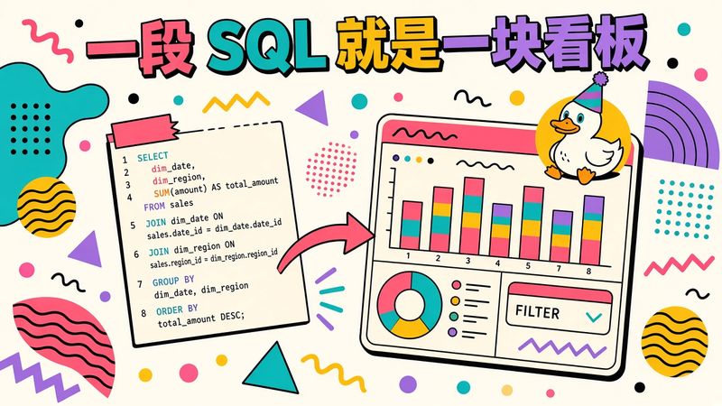 一个 ::BARCHART_STACKED 就是一张堆叠柱状图，Shaper 借 DuckDB 把数据看板变成可评审的代码