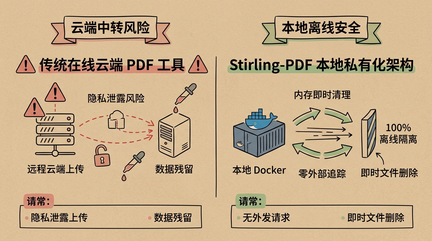传统在线云端 PDF 工具与 Stirling-PDF 本地架构对比