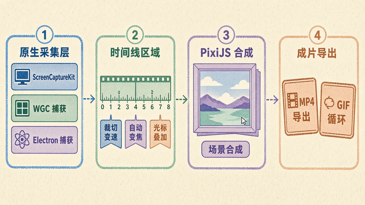 采集层、时间线与 PixiJS 导出