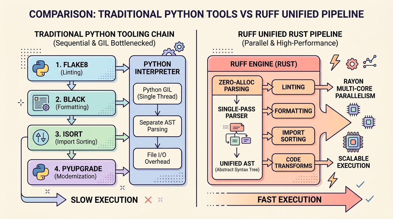 传统 Python 工具链 vs Ruff 统一单轨并发架构