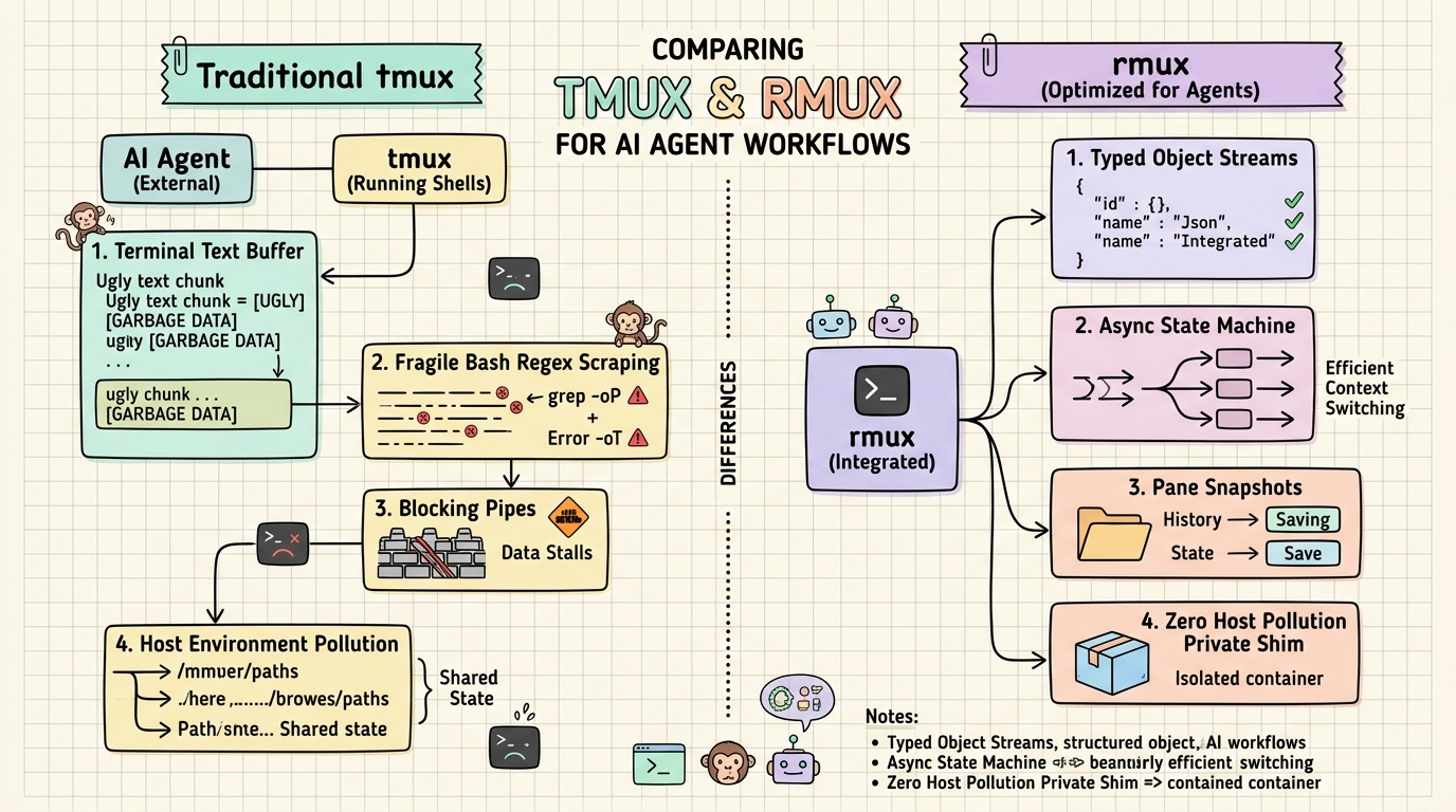 传统 tmux 与 rmux 在 Agent 工作流中的本质对比