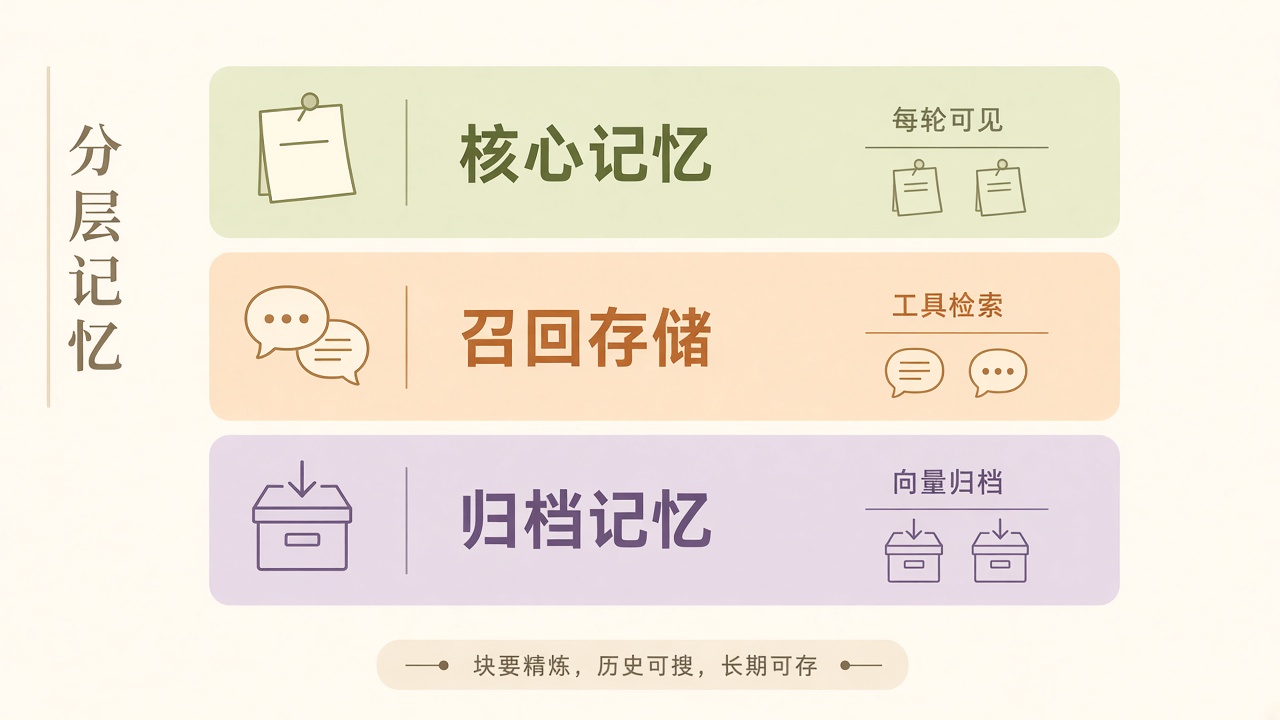 插图：核心记忆、召回与归档三层