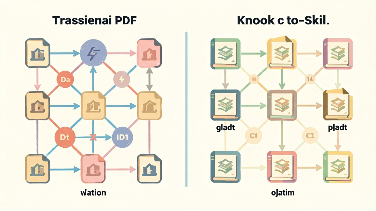 传统直接喂入大部头 PDF 与 book-to-skill 知识编译对比图