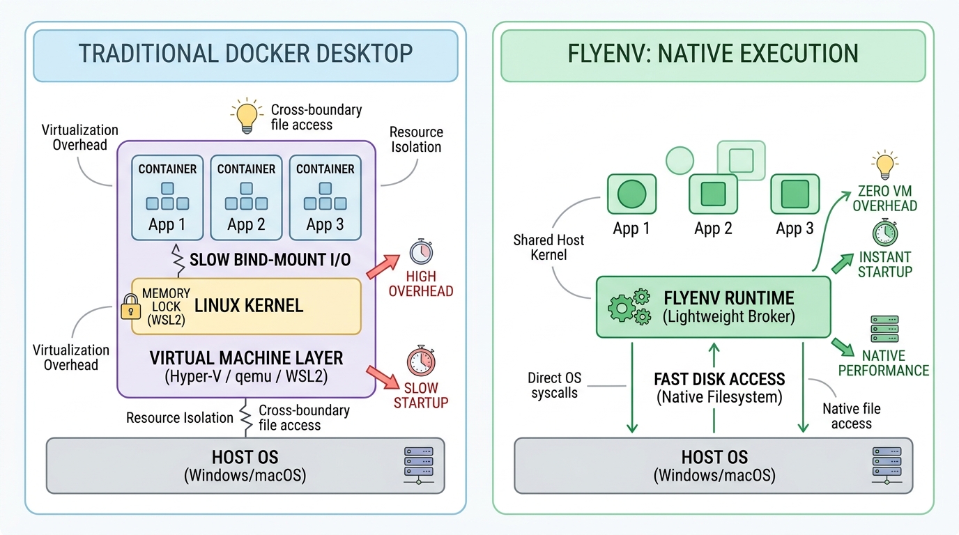传统 Docker 虚拟机开销 vs FlyEnv 原生进程轻量执行架构对比