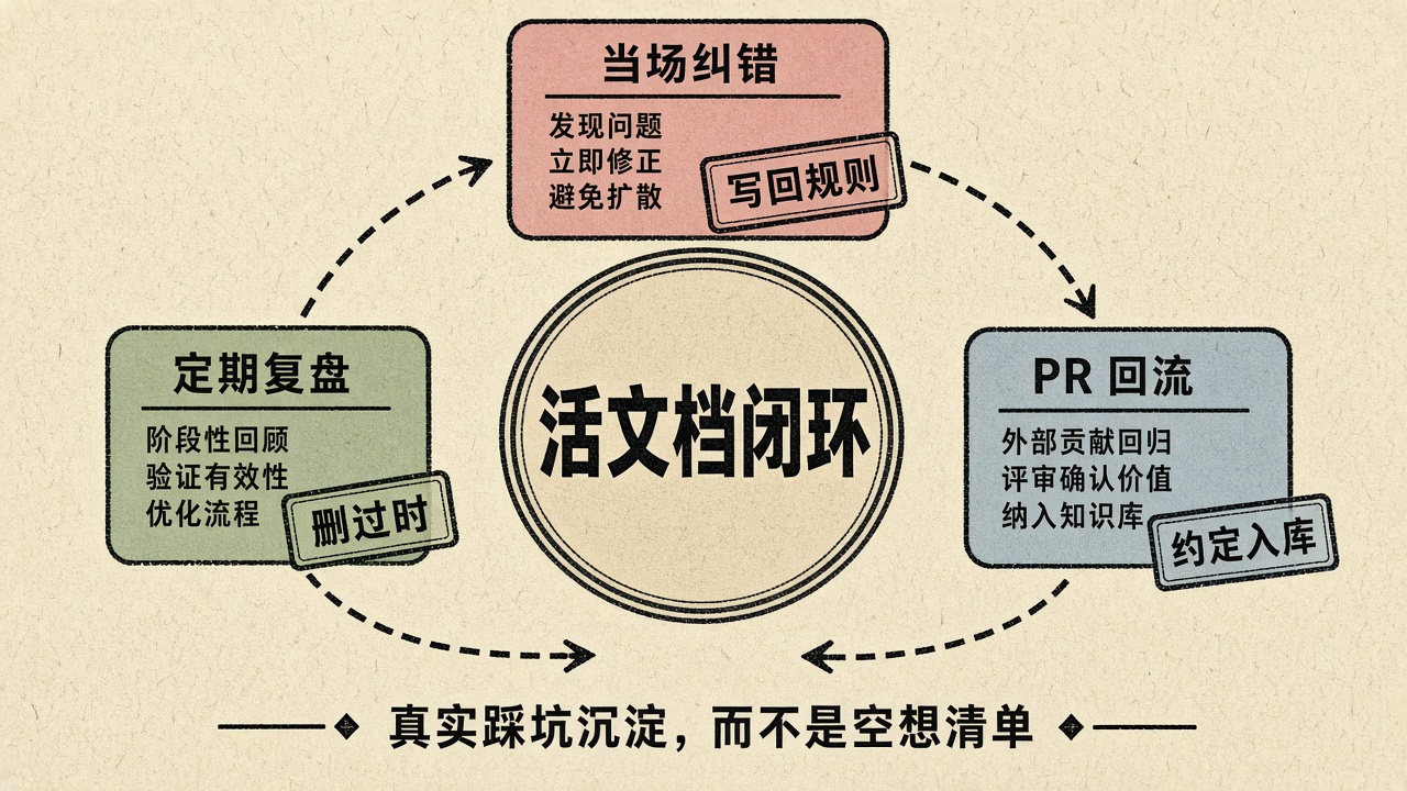活文档闭环：纠错、复盘、PR 回流
