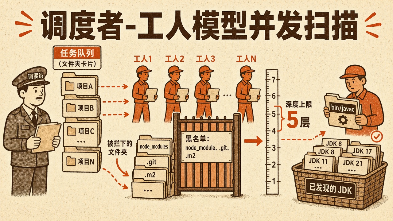 调度者-工人模型并发扫描示意