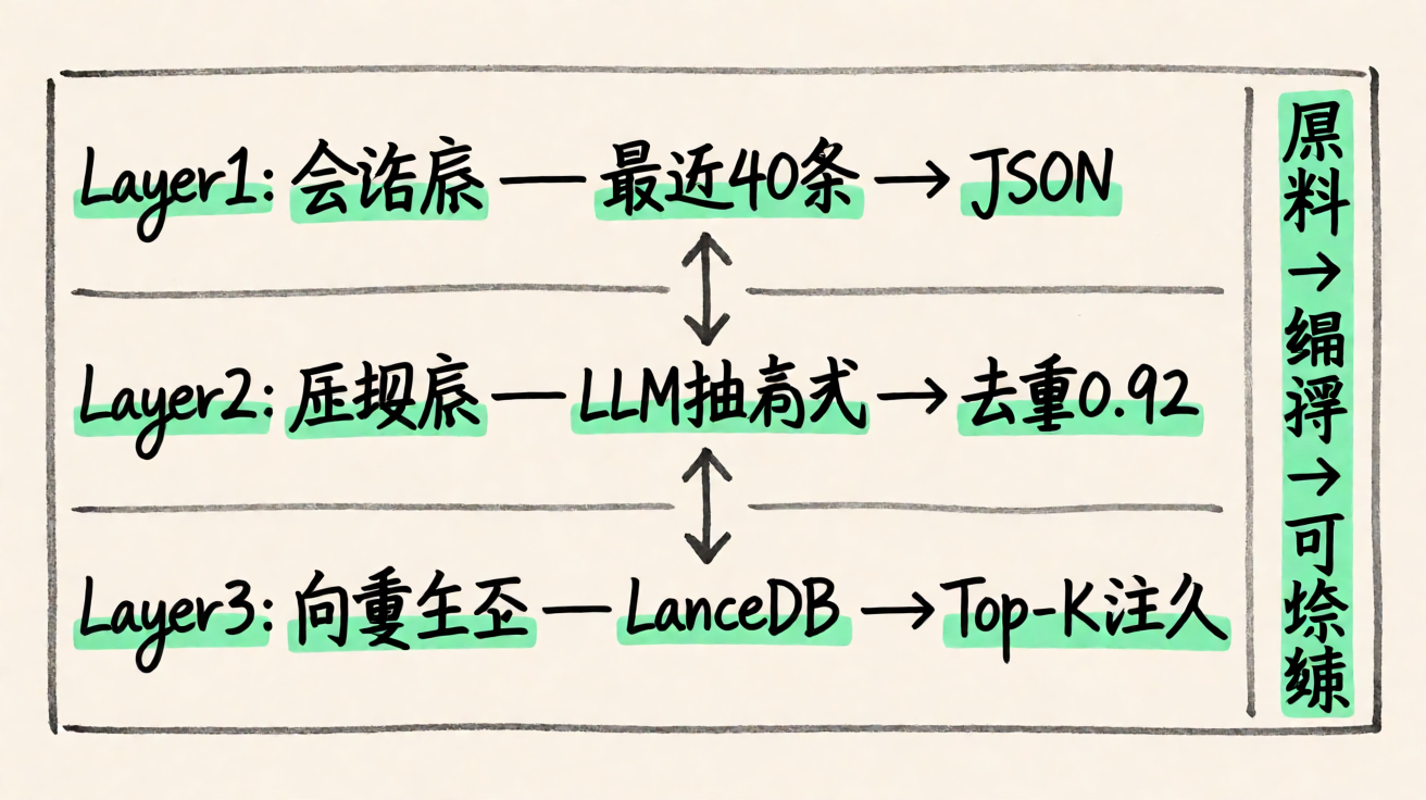 三层记忆:会话 → 压缩 → 向量召回